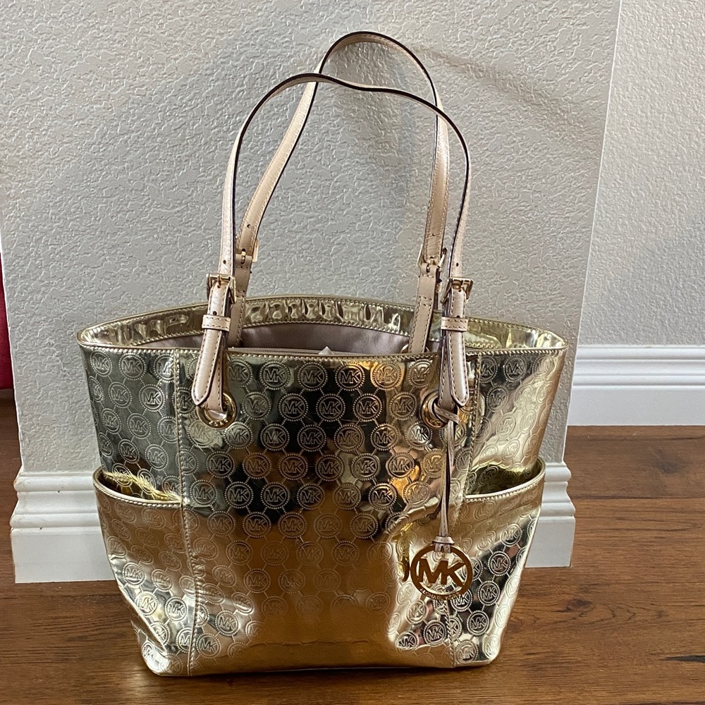 Michael Kors Jet Set Gold Metallic Logo Tote